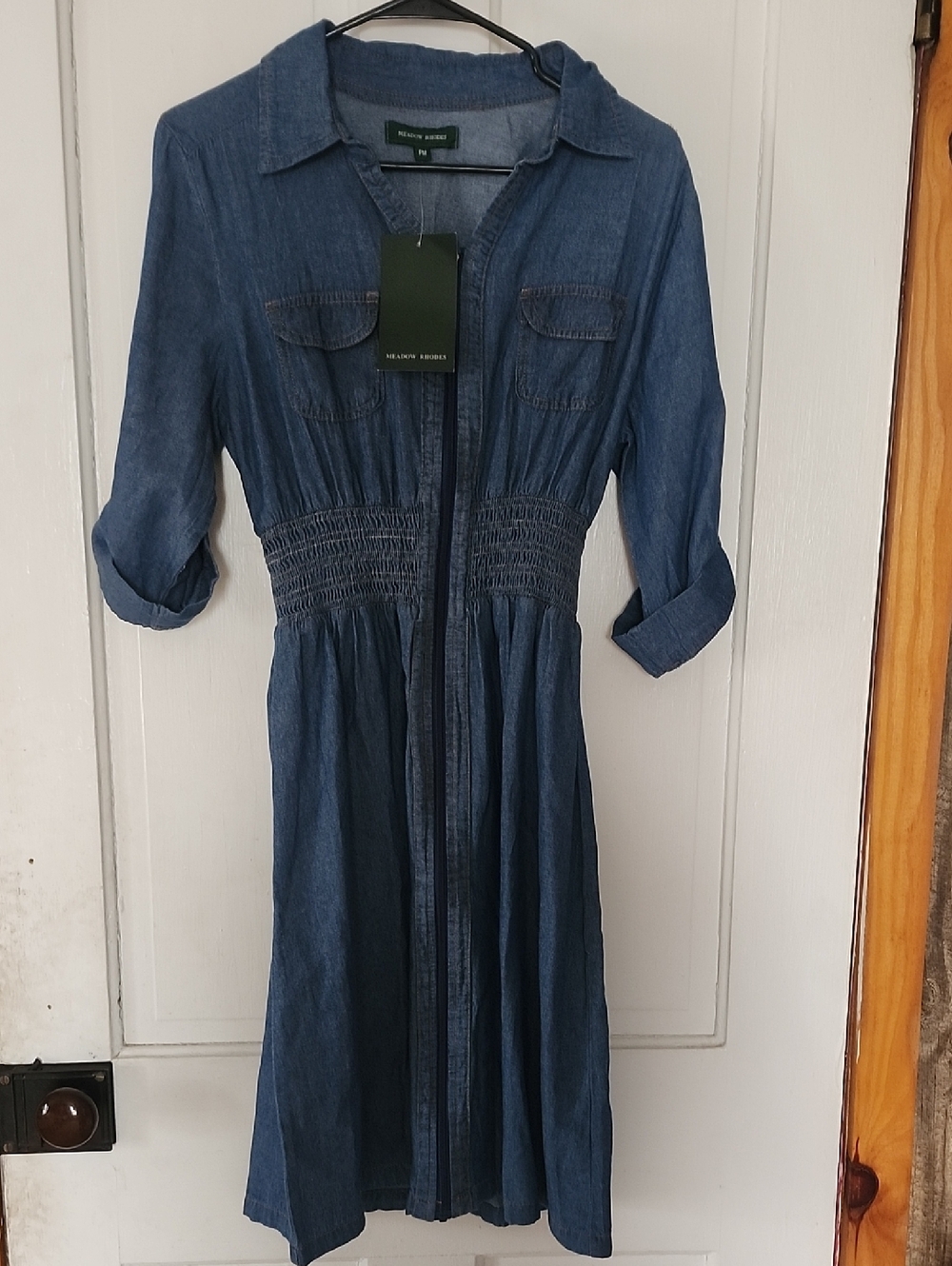 Washed Blue Denim Midi Shirtdress with Smocked Waist